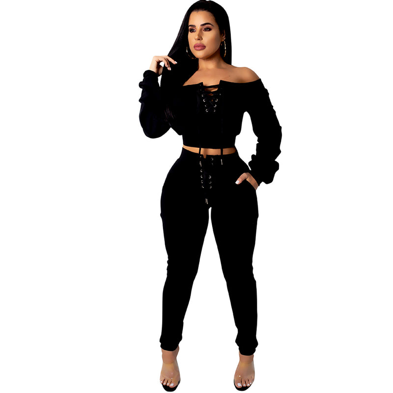 Off Shoulder Eyelet Tied Work Out Casual Pants Suit