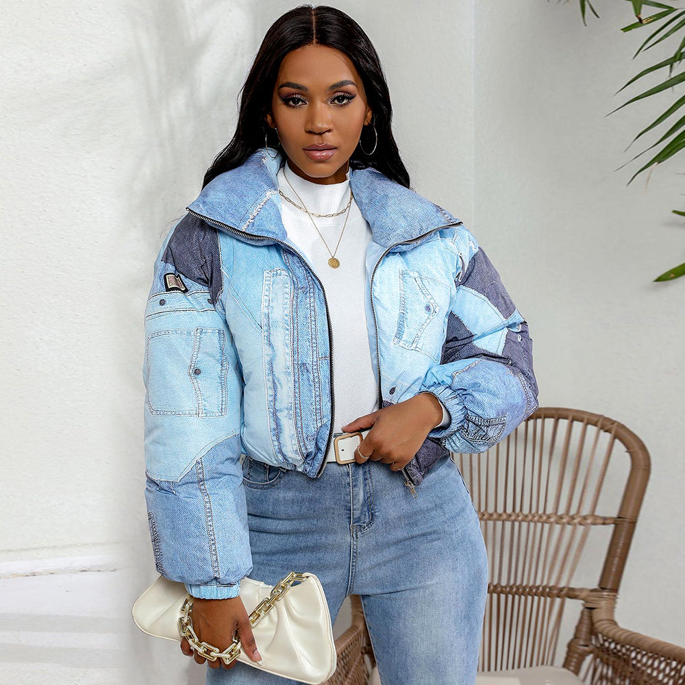 Denim Print Long Sleeve Padded Bubble Jacket