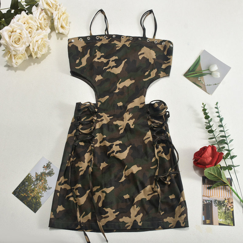 Shoulder Strap Camouflage Street Mini Dress