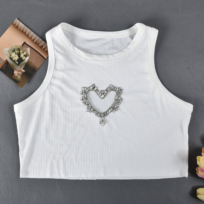 Sleeveless Love Rhinestone Crop T Shirt