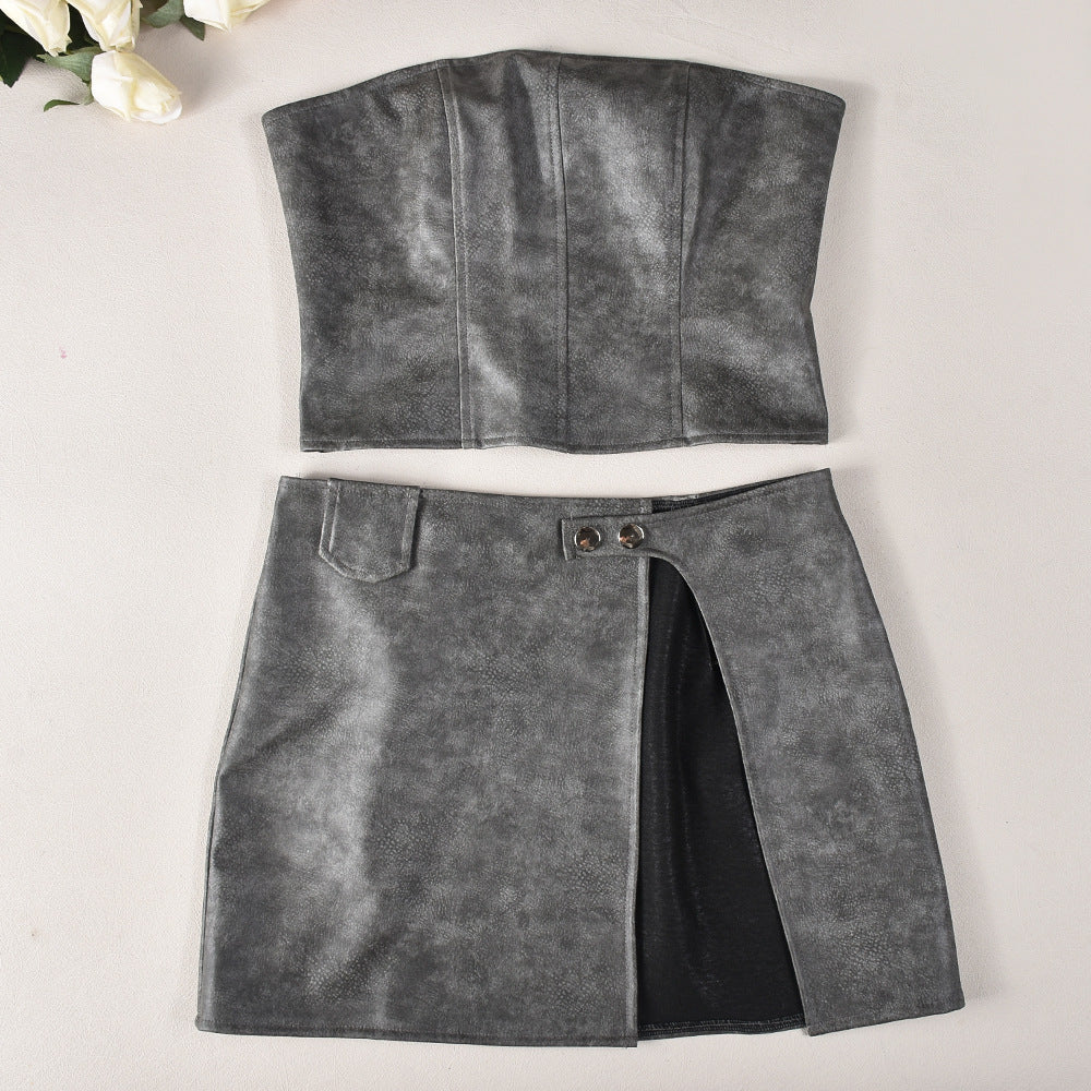 Chest Wrap Leather Top Slit Mini Skirt Suit