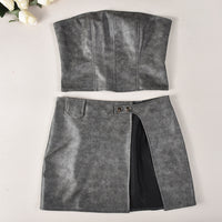 Chest Wrap Leather Top Slit Mini Skirt Suit