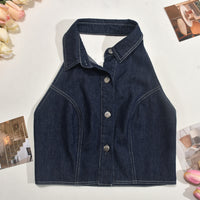 Backless Washed Sleeveless Denim Shirt Skirt Suit