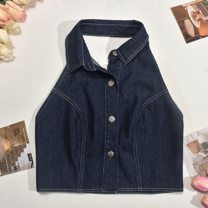 Backless Washed Sleeveless Denim Shirt Skirt Suit