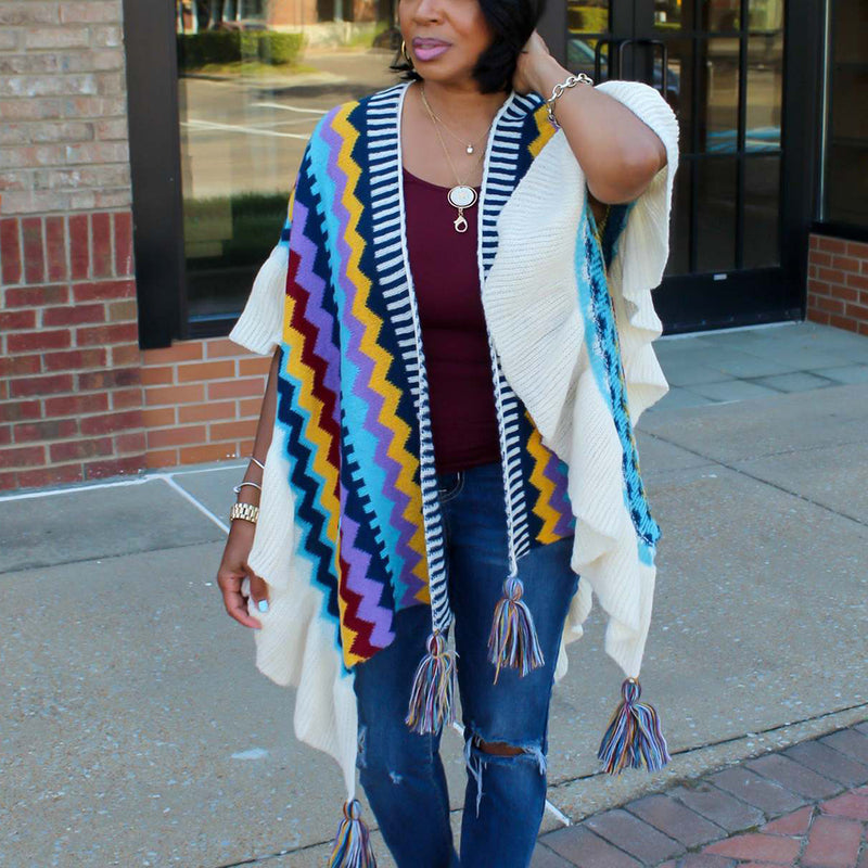 Geometric Knitted Hand Hook Tassel Cardigan