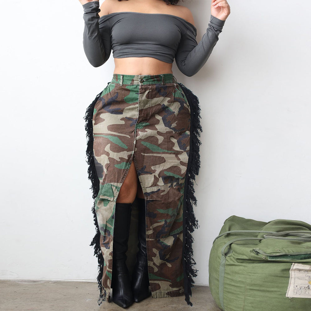 Camouflage Washed Tassel High Silt Long Skirt