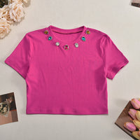 Short Sleeve Diamond Embedded Casual Top