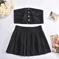 Buttoned Fake Front Pocket Tube Top Pleated Skirt Suit