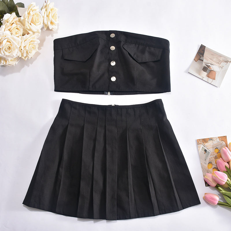 Buttoned Fake Front Pocket Tube Top Pleated Skirt Suit