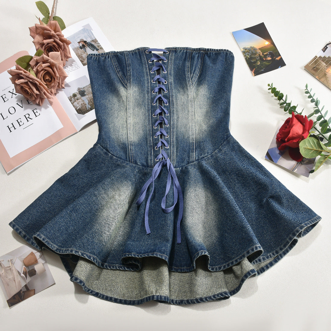 Lace Up Chest Wrap Sexy Denim Lotus Tube Dress