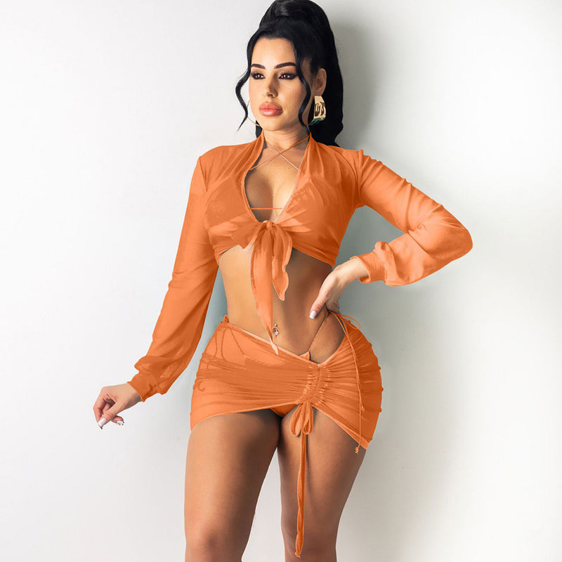 Beach Sun Protection Long Sleeve Shirt Mesh Skirt Suit