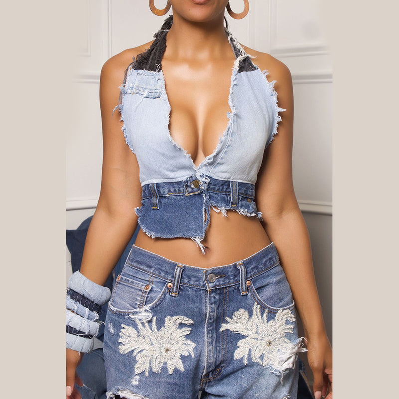 Sleeveless Heavy Washed Contrast Denim Vest