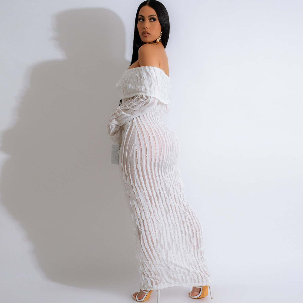 Long Sleeve One Line Lapel Wave Pattern Maxi Dress