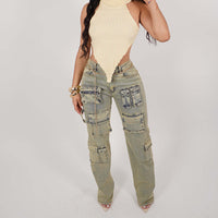 Washed Old Retro Low Waist Cargo Denim Pants