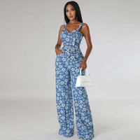 Jacquard Sleeveless Tank Top Flower Wide Long Pants Suit