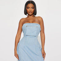 Front Kangaroo Pocket Washed Denim Maxi Dress