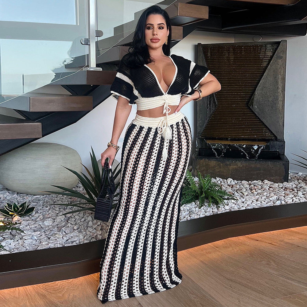 Short Sleeve Deep V Neck Stripe Knitted Maxi Skirt Suit