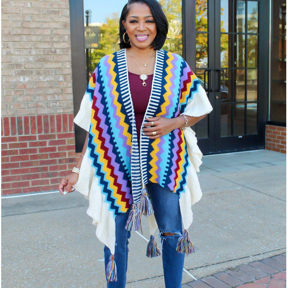 Geometric Knitted Hand Hook Tassel Cardigan