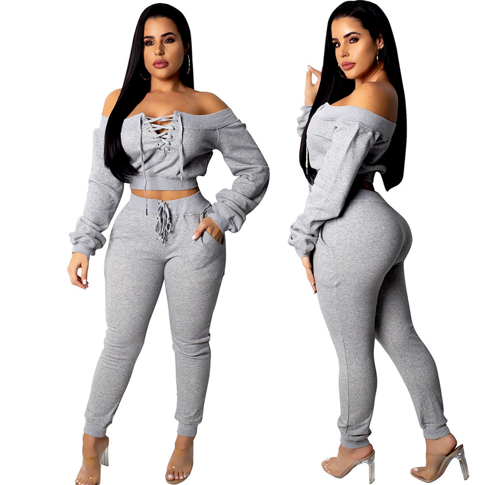 Off Shoulder Eyelet Tied Work Out Casual Pants Suit