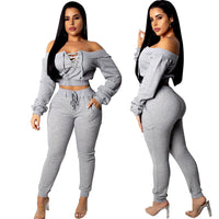 Off Shoulder Eyelet Tied Work Out Casual Pants Suit