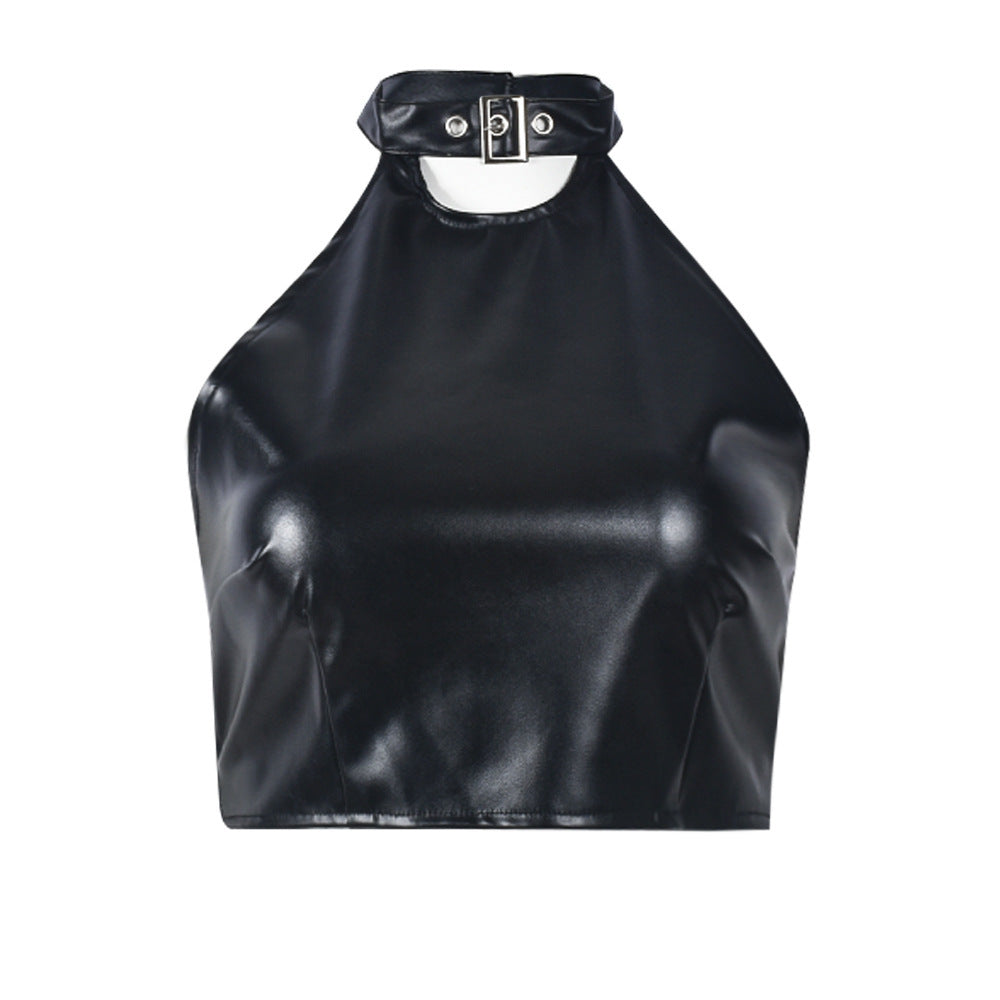 Retro Halter Neck Buckled Sexy Leather Top