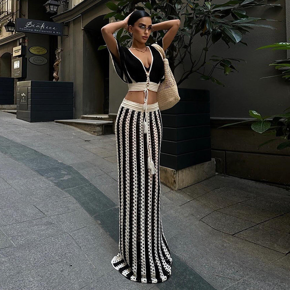 Short Sleeve Deep V Neck Stripe Knitted Maxi Skirt Suit