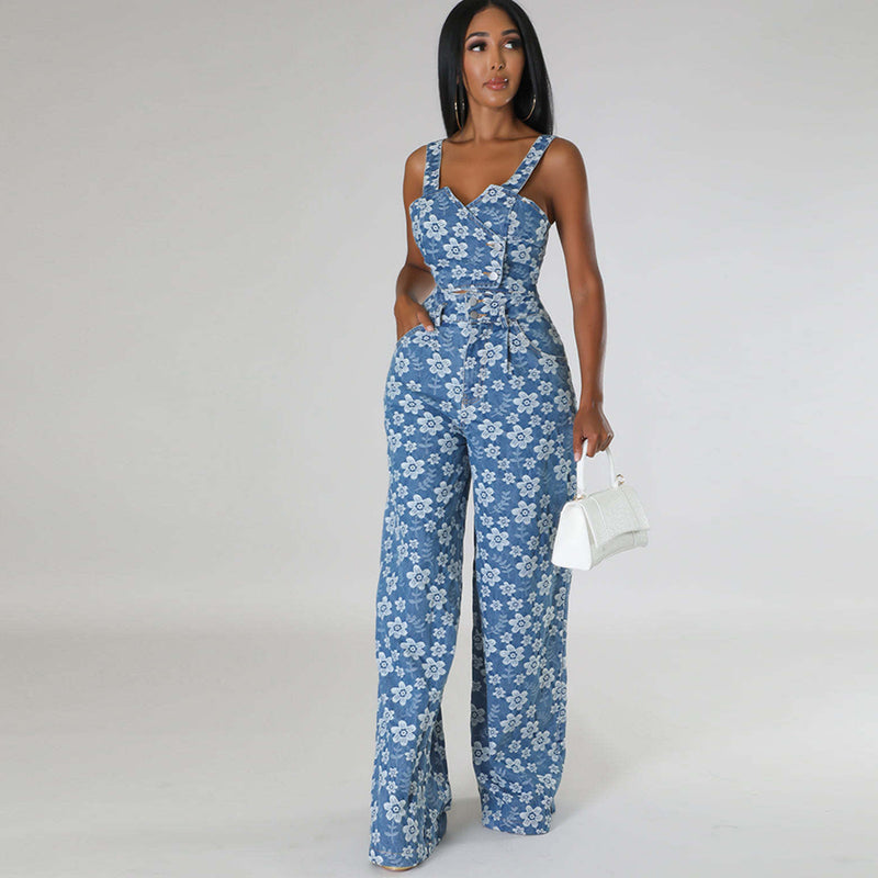 Jacquard Sleeveless Tank Top Flower Wide Long Pants Suit