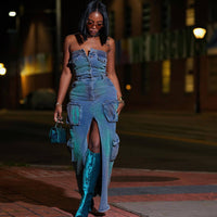 Sexy Tube Top Off Shoulder Tie Dyed Denim Dress