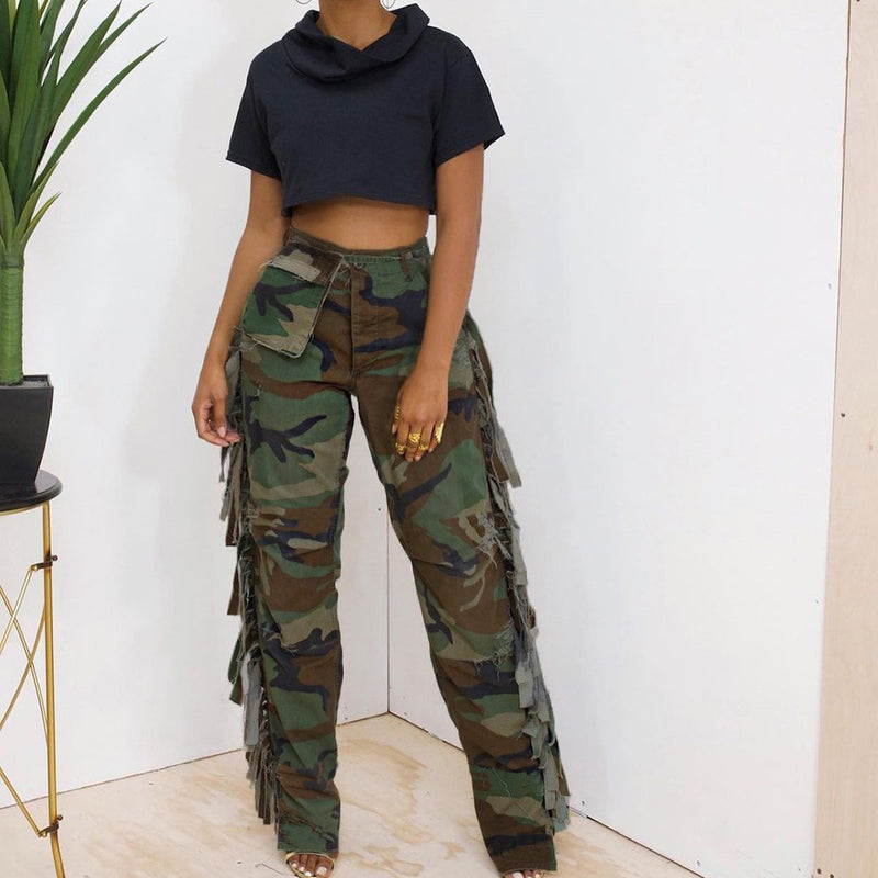 Camouflage Side Tassel Pocket Casual Long Pants