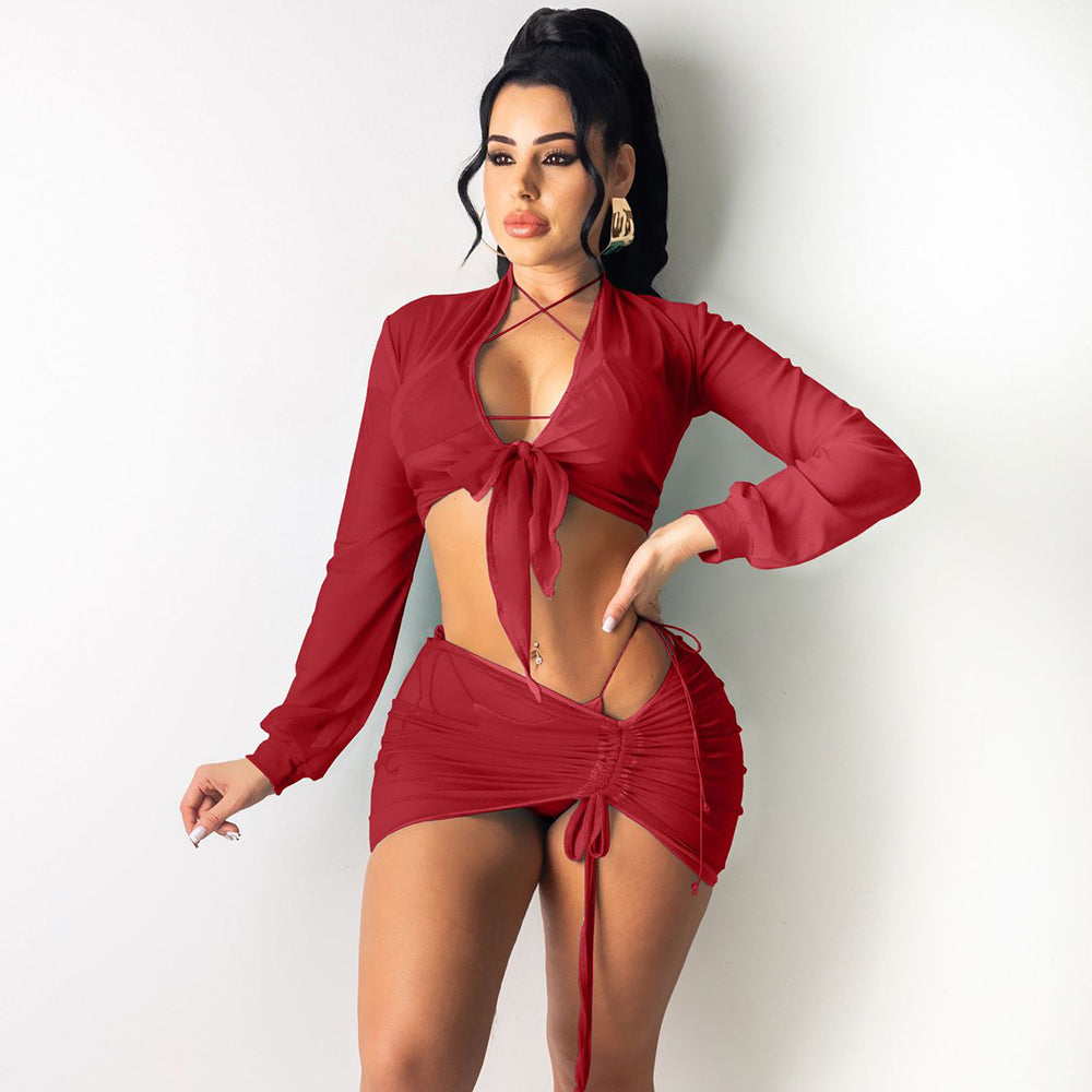 Beach Sun Protection Long Sleeve Shirt Mesh Skirt Suit