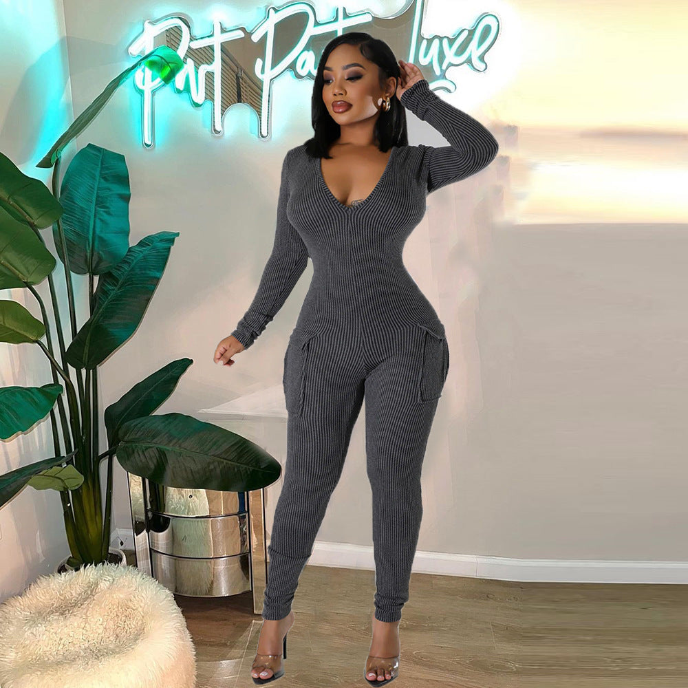 Long Sleeve Deep V Neck Side Pockets Jumpsuit