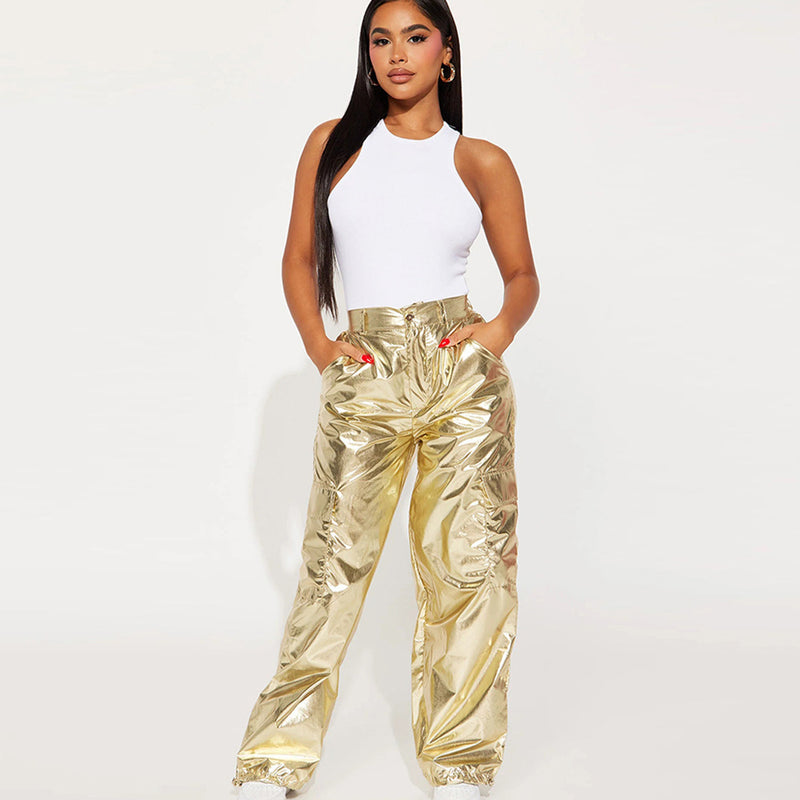 Metallic Luster Straight Leg Casual Long Pants