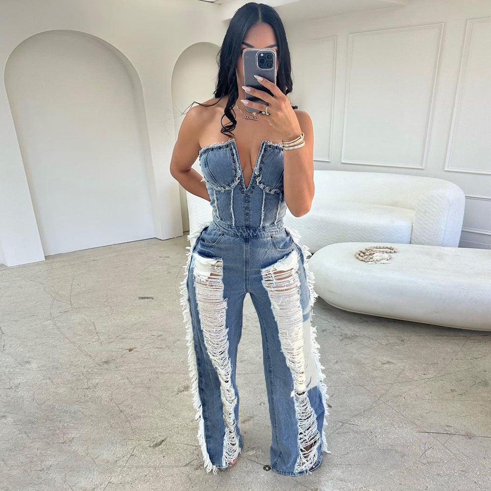 Chest Wrap Trendy Hole Tassel Nail Casual Jumpsuit