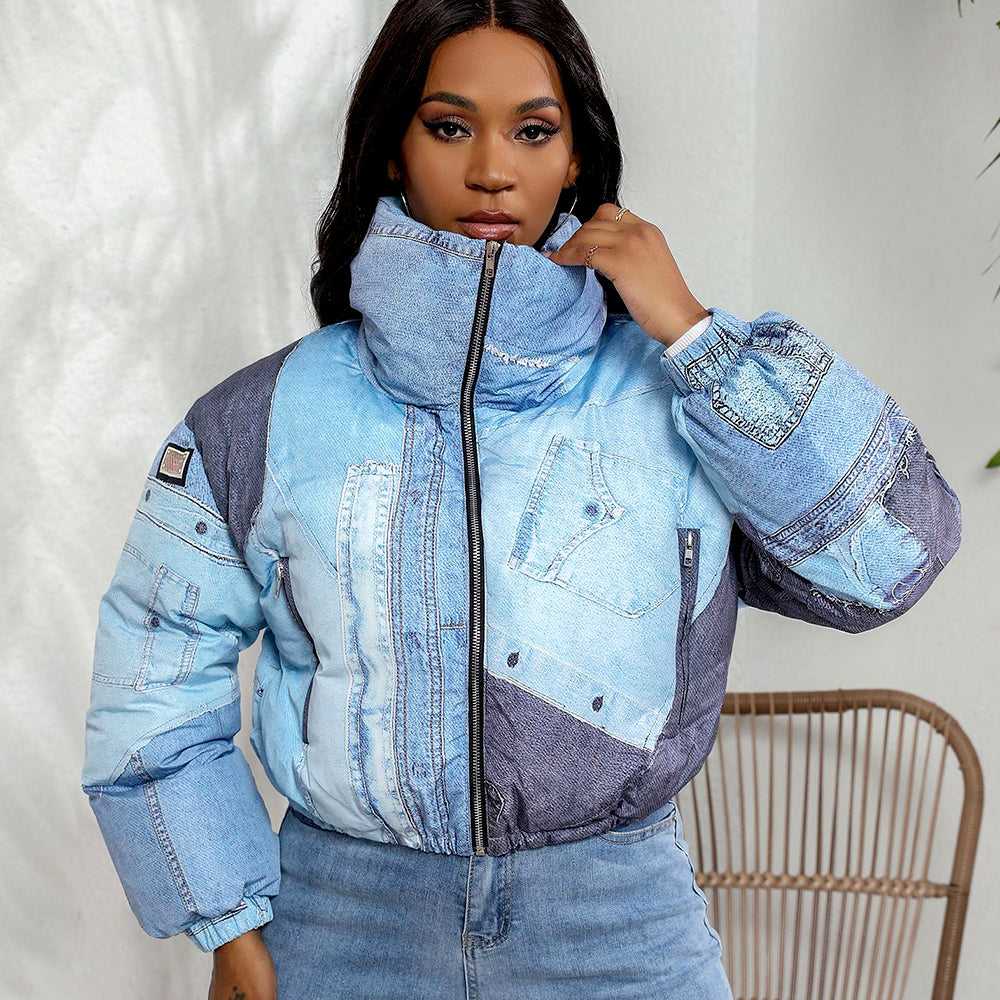 Denim Print Long Sleeve Padded Bubble Jacket