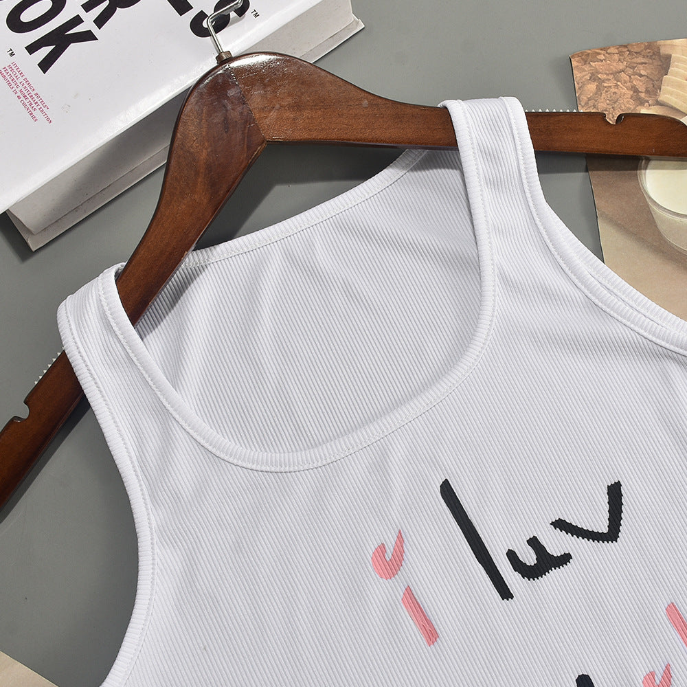 Letter Printed Sleeveless U Neck Tank Top