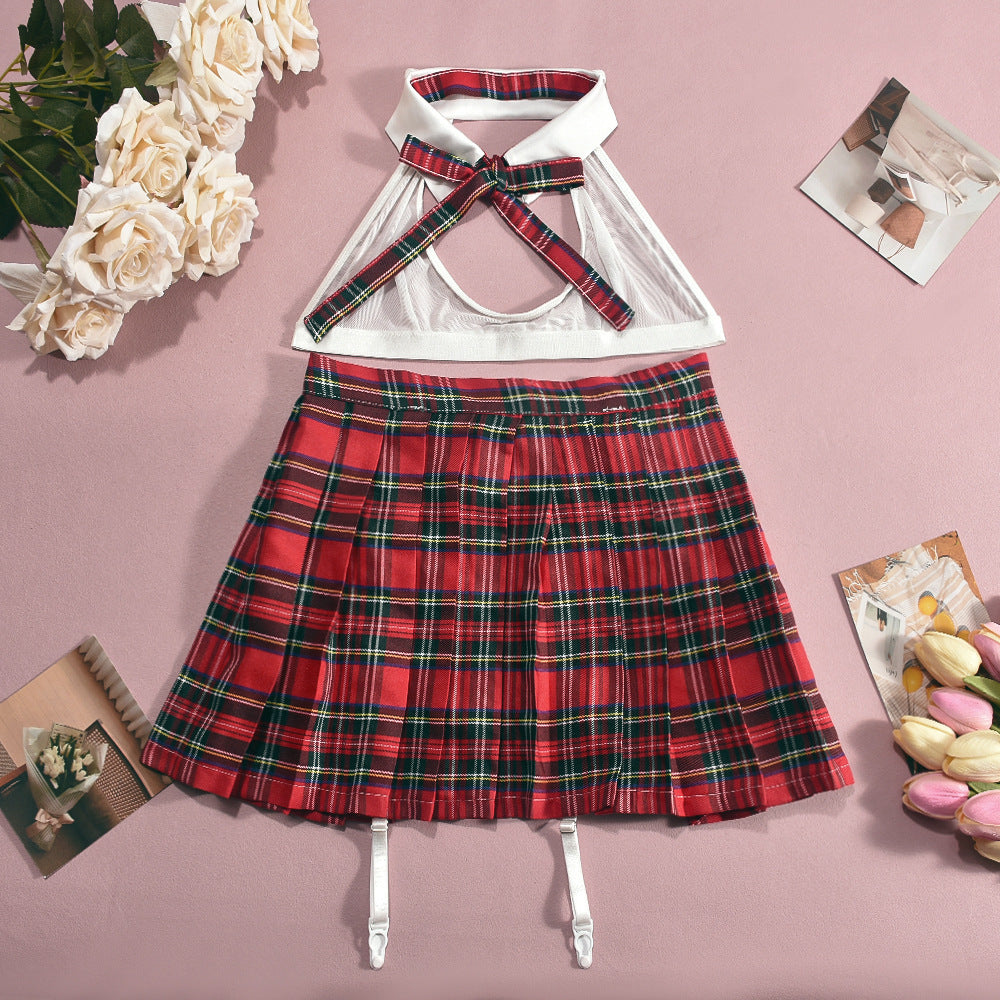 Costume Halter Neck Bra Top Plaid Pleated Skirt Suit