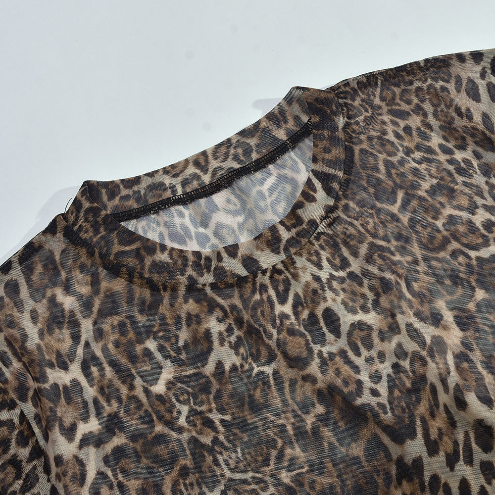 Long Sleeve Leopard Print Mesh Sexy Pants Suit