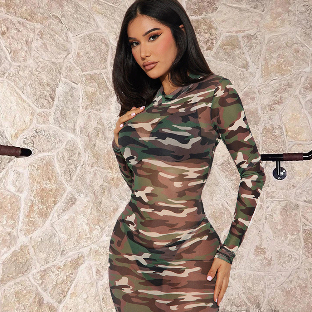 Long Sleeve Mesh Camouflage Slim Fit Dress