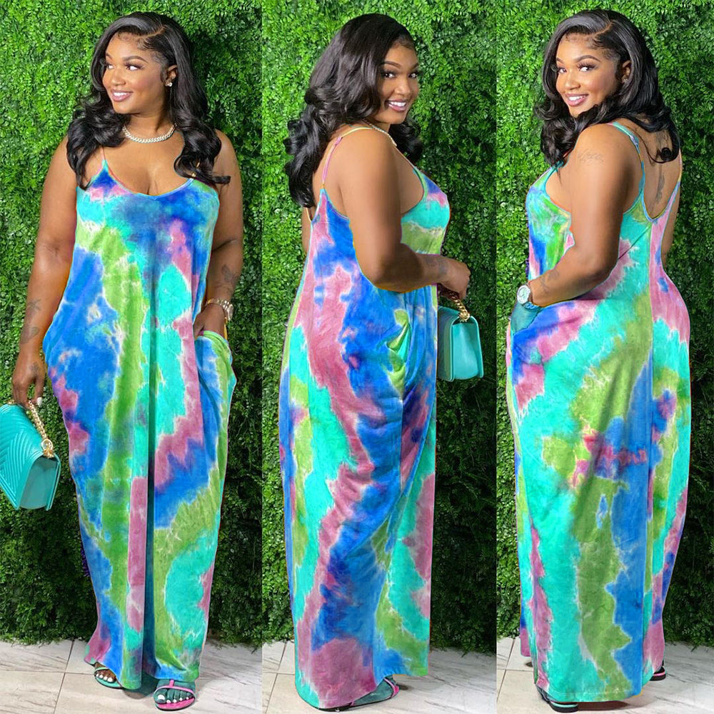 Tie Dyed Printed Casual Loose Fit Maxi Dress With Pocket