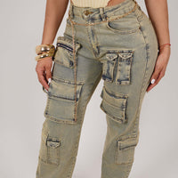 Washed Old Retro Low Waist Cargo Denim Pants