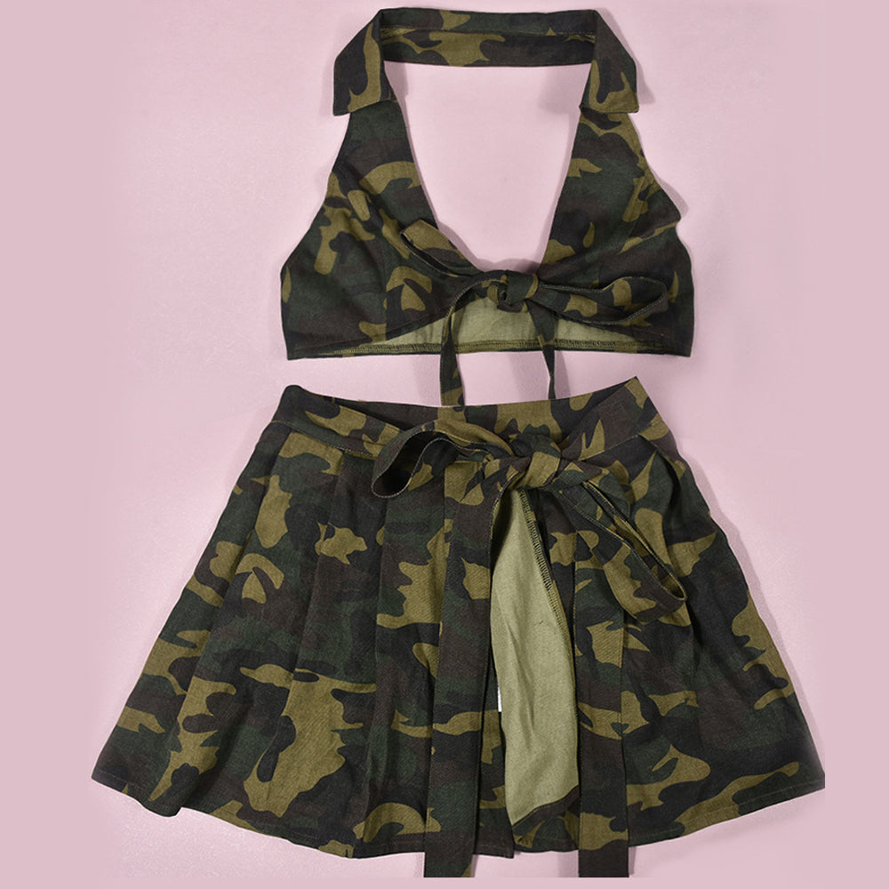 Street Camouflage Straps Wrapped Top Pleated Short Skirt