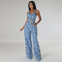 Jacquard Sleeveless Tank Top Flower Wide Long Pants Suit