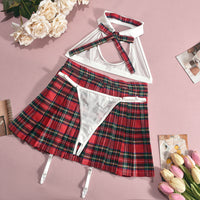 Costume Halter Neck Bra Top Plaid Pleated Skirt Suit