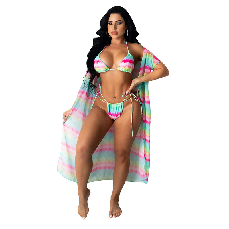 Sexy Printed Cape Bikini Split Swimsuit 3 Piece Set