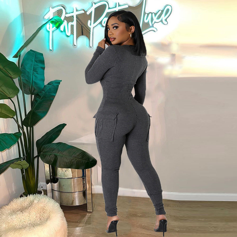 Long Sleeve Deep V Neck Side Pockets Jumpsuit