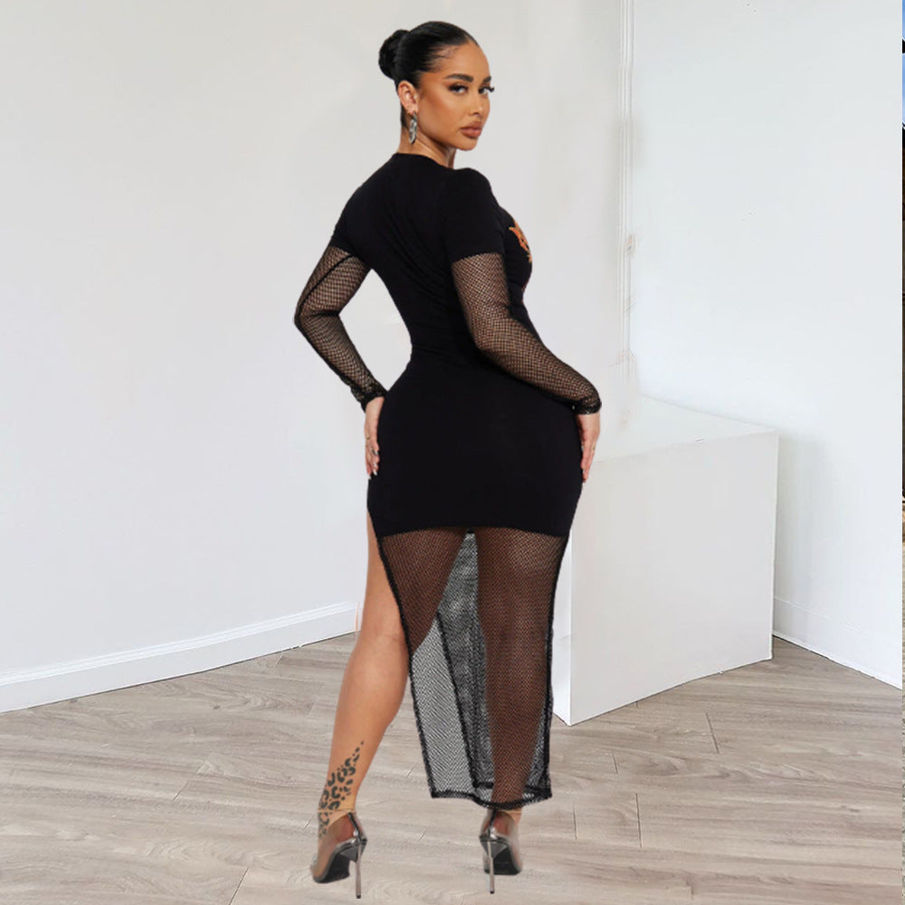 Mesh Laced Stitching Long Sleeve Sexy Mini Dress