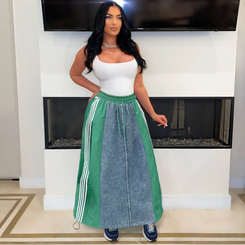 Casual Striped A-Line Loose Fit Denim Long Skirt