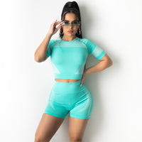 Mesh Pointed Short Sleeve Work Out Shorts Suit