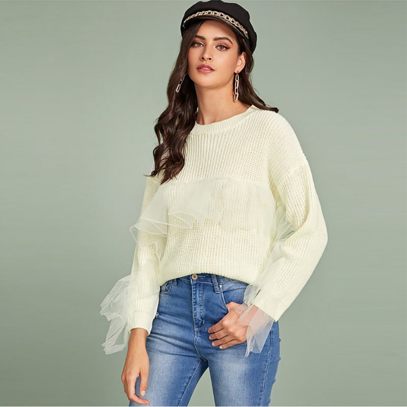 Long Sleeve Mesh Ruffled Stitching Casual Sweater