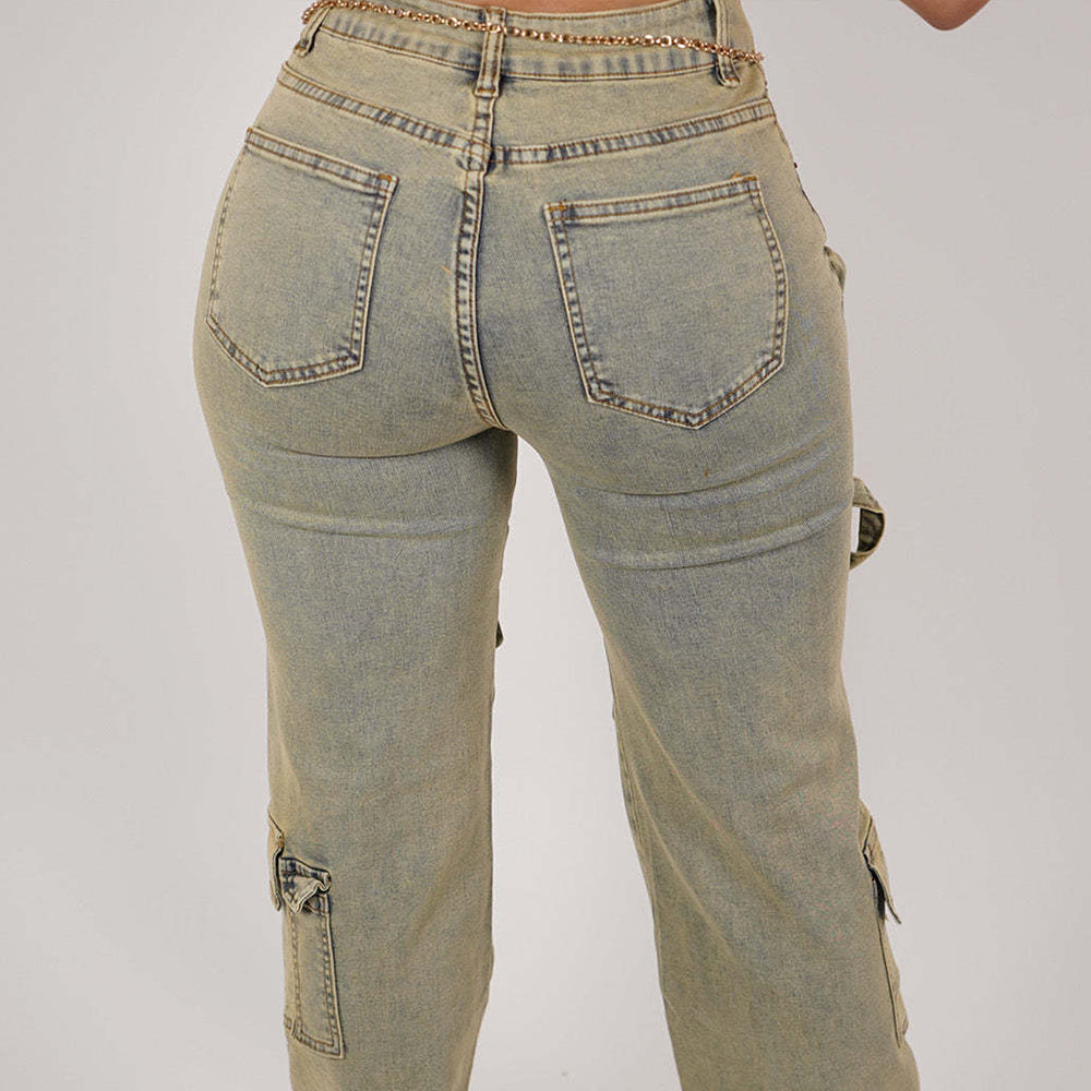 Washed Old Retro Low Waist Cargo Denim Pants